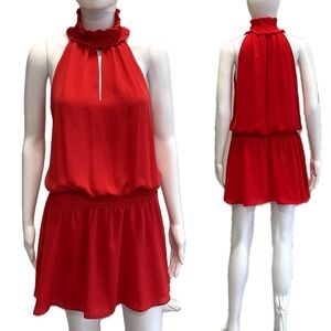 Amanda Uprichard Smocked Mock Neck Mini Dress Size XS Red Sleeveless Drop Waist